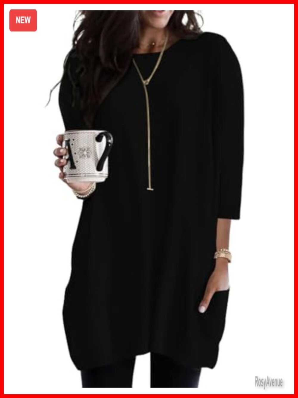 Womens 3/4 Sleeve Tunic Top with Pockets Loose Fit Long Shirt